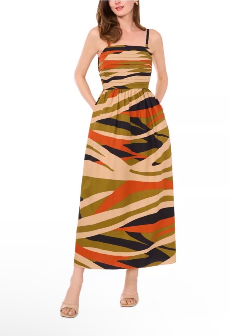 MSK Striped Abstract Print Maxi Dress in Olive, Tan, Rust & Black